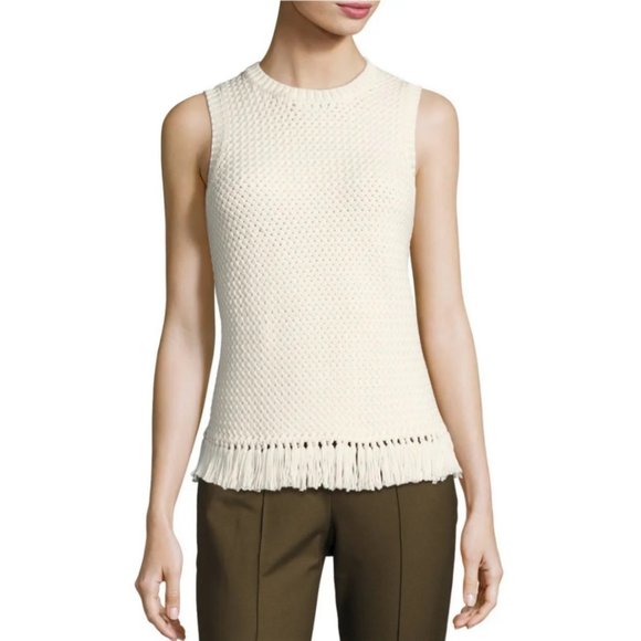 Theory Meenara Crosshatched Knit Tank Sweater Fringe Tassel Boho Bohemian Woven - Picture 4 of 15